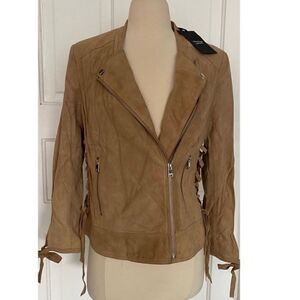 Boho Western Brand NWT Lamarque Suede Leather Tan Lace Up Side Biker Moto Jacket